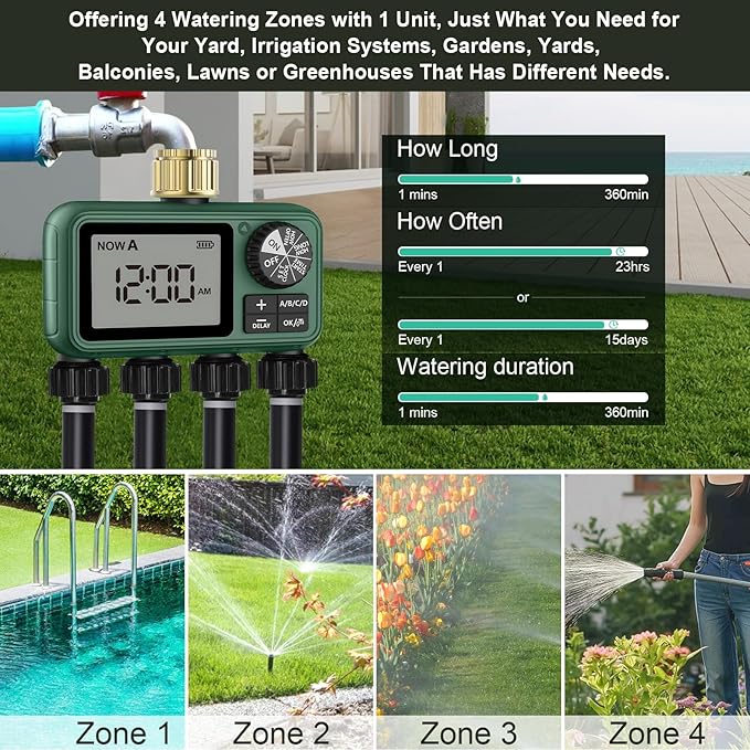 4 Zones Brass Inlet Water Timer for Outdoor Garden Hose, Sprinkler Timer for Garden Faucet with Auto/Manual/Rain Delay Mode, Sprinkler Irrigation Controller for Yard Lawn