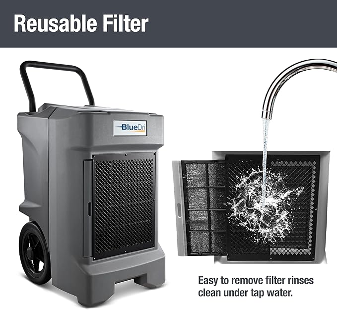 BlueDri BD-130P 225PPD Industrial Water Damage Equipment Commercial Dehumidifier with Hose for Basements in Homes and Job Sites, Gray