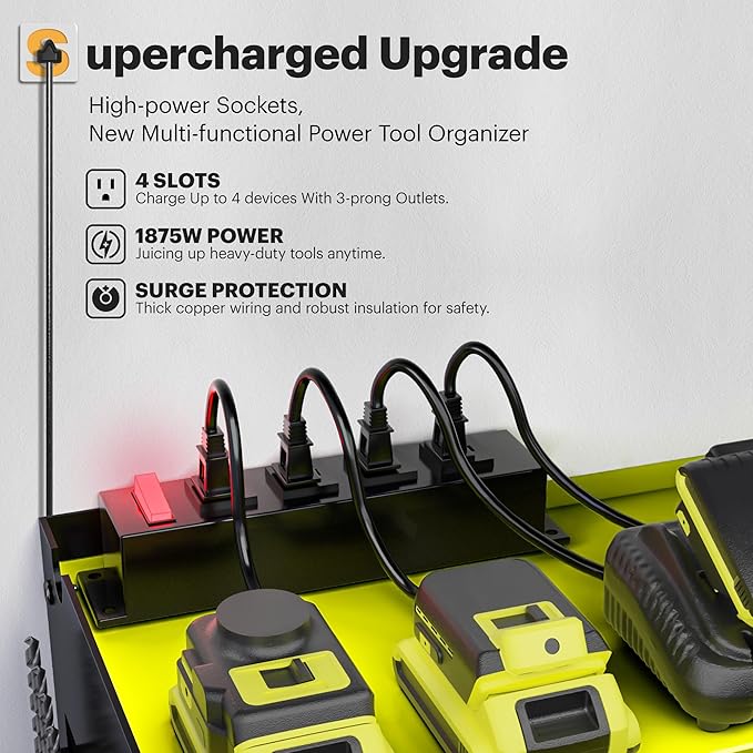 Spampur Power Tool Organizer, 15 Min Quick Assembly & Max 420lb Load by Heavy Duty Metal, 6 Slots for Cordless Drill with 4 Outlet Power Strip in Garage/Workshop/Suitable for Thanksgiving/Christmas