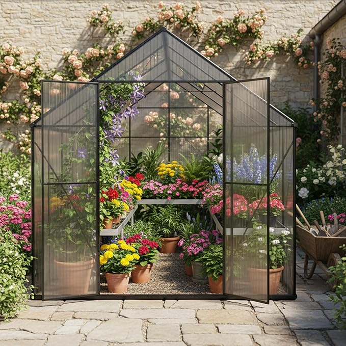 Kingdura 8x8ft Walk-in Greenhouse for Outdoors, Large Polycarbonate Greenhouses with Heavy Duty Aluminum Frame, Adjustable Roof Vent, Lockable Door, UV Protection for Outside Garden Backyard