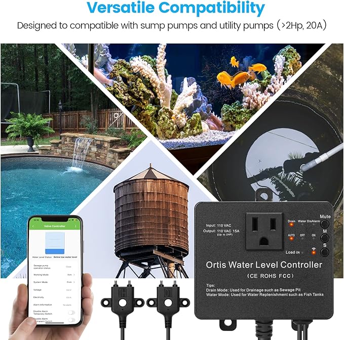 WiFi Sump Pump Controller Alarm, Check Water Level Status, Timely Alerts for Pump Failures & Overload, Keep Your Basement Dry, Perfect for Sewage Pits, Submersible /Utility /Water Well Pumps, Black