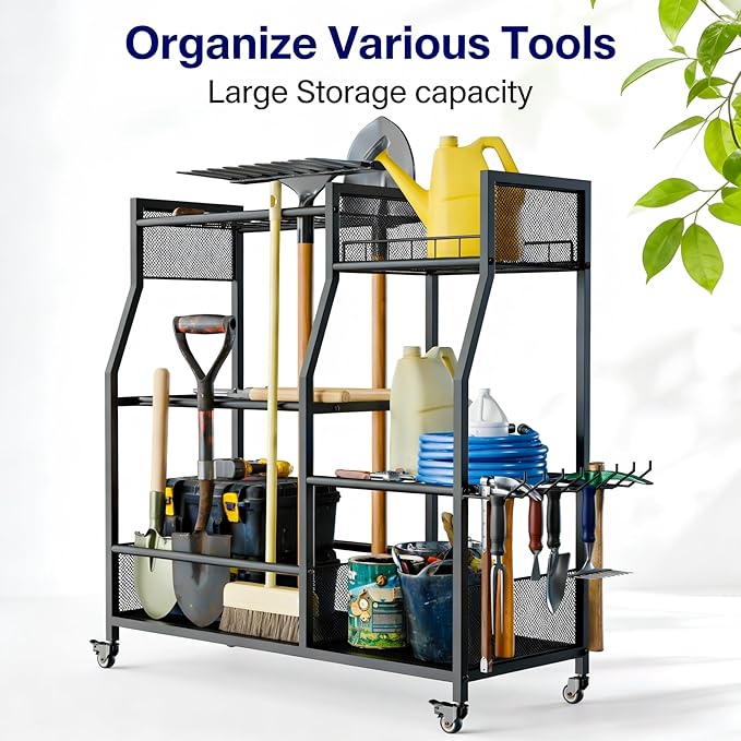 HOTEAGLE Garden Tool Organizer for Garage with 35.4” Width(High Stability), Outdoor Metal Utility Rolling Carts with Mute Wheels & 18.5mm Thick Rods, Easy to Clean, Black