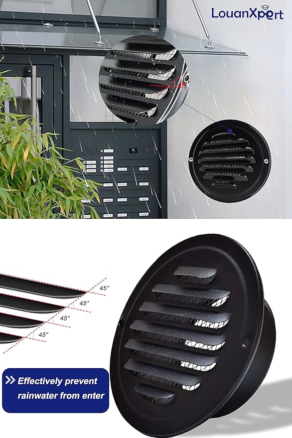 6 Inch Stainless Steel Round Air Vent Covers,LouanXpert Black Soffit Vent Covers Louvered Grille Wall Vent with Built-in Fine Mesh for Garage,House, Flat, Garage (150mm - 2PCS)