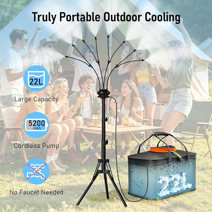 Bonviee 5.3 FT Standing Misters for Outside Patio- Portable Standing Mister Kit with Adjustable Tripod, 22L Water Tank & Rechargeable Pump, 8 Adjustable Nozzles with Flexible Arms for Outdoor Cooling