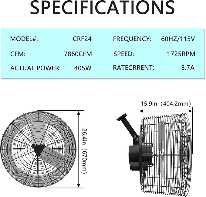 Greenhouse Circulation Fan Air Circulation Fan 1/2 HP 115V Ceiling Wall Mount Fan High Speed Circulation Fan for Greenhouse, Warehouse, Patio, Garage 7860CFM, ETL Listed
