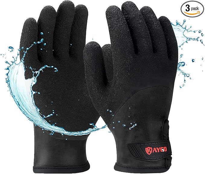 KAYGO Waterproof Insulated Thermal Work Gloves - KG140W, Cold Condition Winter Gloves for Men and Women, Full Hand Double Latex Coated Ultra-Fine Crinkle Grip (3, Large),Black