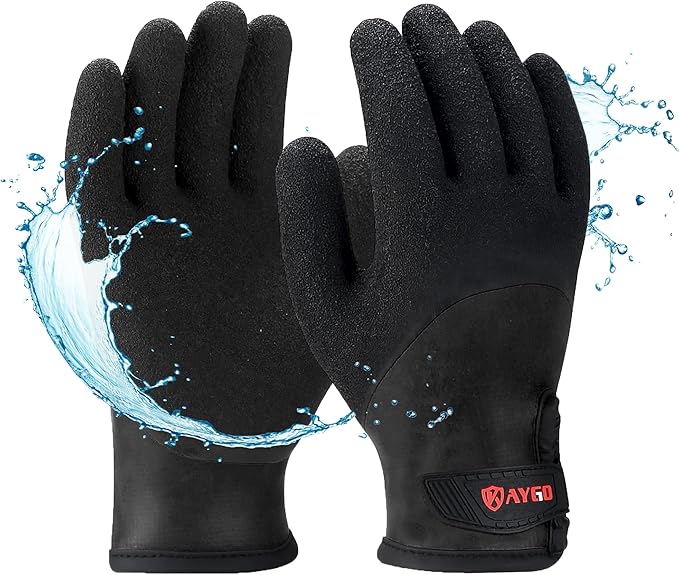 KAYGO Winter Waterproof Thermal Work Gloves for Men and Women, Full Hand Latex Coated, Acrylic Insulated Liner for Freezer Cold Weather, Fine Crinkle Grip,KG140W,Black,XL