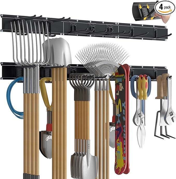 Garage Tool Organizer Wall Mount with 48 inches Rails and 7 Adjustable Heavy-Duty Hooks, Garden Tool Organizer, 10 Pack Carries 440 lbs, Heavy Duty Garage Storage Rack For Yard, Shed, Easy to install