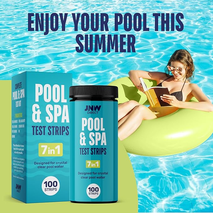 JNW 7-in-1 Pool Test Strips, 100 Quick & Accurate Test Strips for Pool Water, Spa Test Strips for Hot Tub, Chlorine Test Strips, Bromine, pH, Alkalinity, Hardness & More - Swimming Pool Test Kit