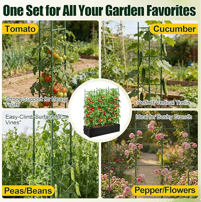 BobbleT 3 Pack Heavy Duty Tomato Cages with 57 Gallon Grow Bag, 48" Adjustable Tomato Trellis for Raised Garden Bed, Sturdy Triangle Plant Support for Climbing Vegetables, Cucumbers & Garden Plants
