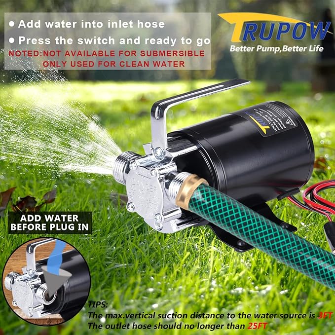 Trupow DC 12-Volt 1/10HP 330GPH Battery Powered Mini Portable Electric Utility Sump Transfer Water Pump with Water Hose Kit Black…