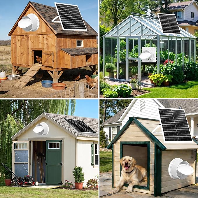 Solar Exhaust Fan with 24000mAh Battery Day & Night Work Fans, 25W 9.8" Solar Ventilation Fan for Chicken Coop with Timer, Waterproof Greenhouse Solar Powered Fan for Shed, Pet Houses, Outdoor Cooling