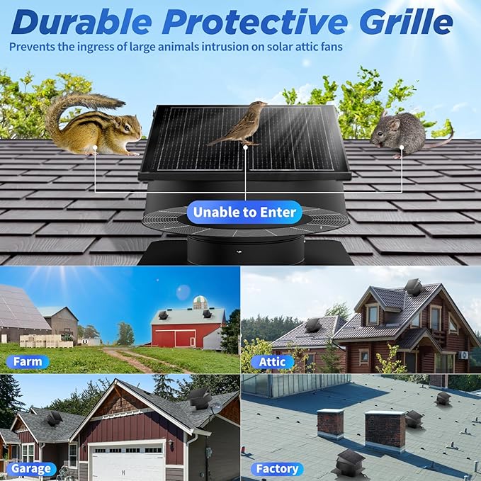 55W Solar Attic Fan with Thermostat, 12" 1200CFM Hybrid Solar Roof Vent Fan, Brushless Waterproof Solar Powered Attic Exhaust Fan Auto On/Off for Roof, Attic, Garage, Shed, Greenhouse