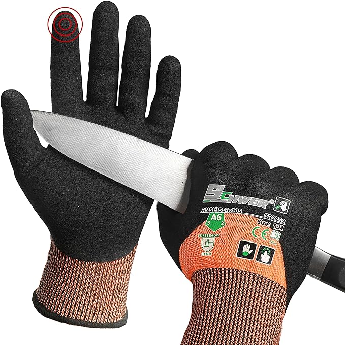 Schwer ANSI A6 Cut Resistant Gloves, CR3709 Cut Proof Work Gloves, Touch-screen Cutting Gloves, 3/4 Dipped Coating for Woodworking, Glass Metal Cutting, Construction, Fishing, XXL,1 pair