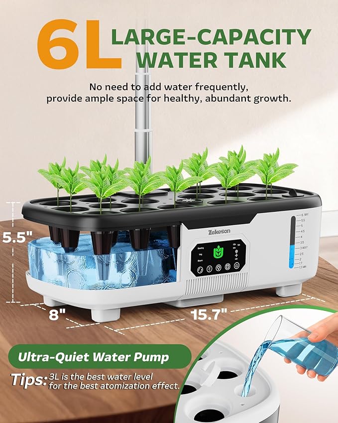 Misting Hydroponic Growing System Kit 15-Pods Indoor Smart Herb Garden Planter with LCD Touch Panel 6L Large Tank for Herb/Vegetables/Flowers/Fruits, Gardening Gifts for Women Men Beginners - White