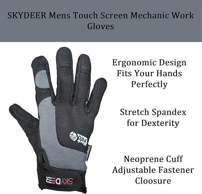 SKYDEER Touch Screen Leather Work Gloves for Men, Impact Protection, Vibration Reduction, Machine Washable Gardening Gloves (SD8820G/M)