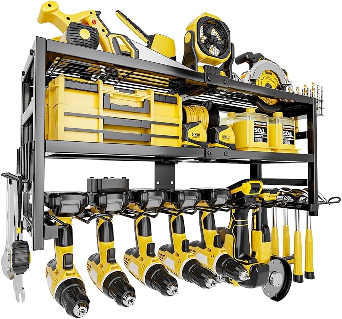 Power Tool Organizer Wall Mount Heavy Duty 320 lbs, 3 Layers Storage Rack with 9 Drill Holders & Battery Storage, cordless tool organizer for Garage, Workshop & Tool Room
