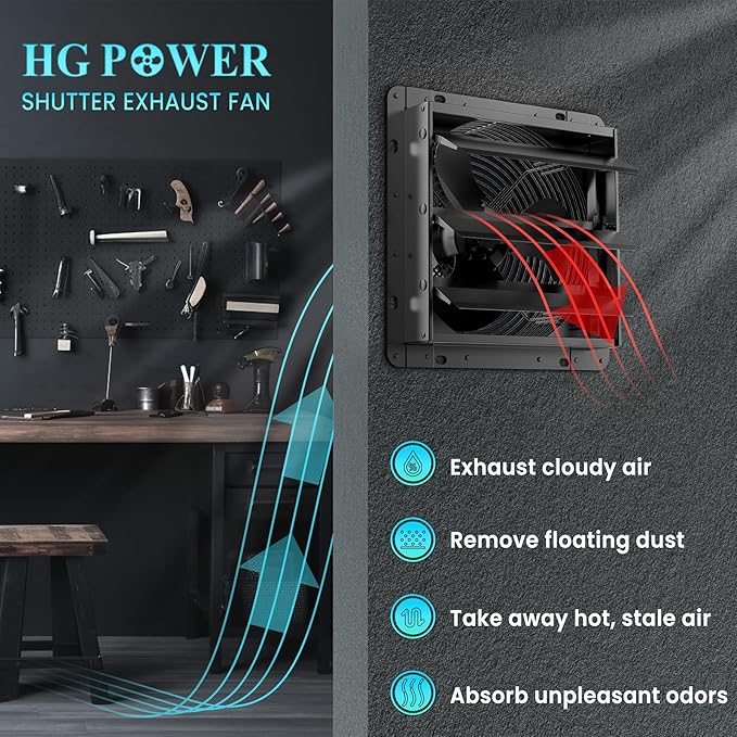 HG Power 12 Inch Shutter Exhaust Fan, 764CFM High-Speed, 1400RPM Wall-Mounted Ventilation Fan for Shed, Garage, Greenhouse - with, ON/OFF Switch & 8FT Power Cord, Black