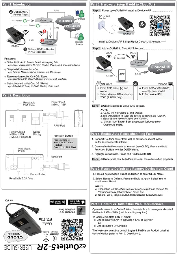 ezOutlet5-2R - Dual Outlet Internet Enabled IP & WiFi Remote Power Switch with Automatic Reboot - iOS | Android | Cloud | 2 Web Controllable AC Power Outlets - Model EZ-73a