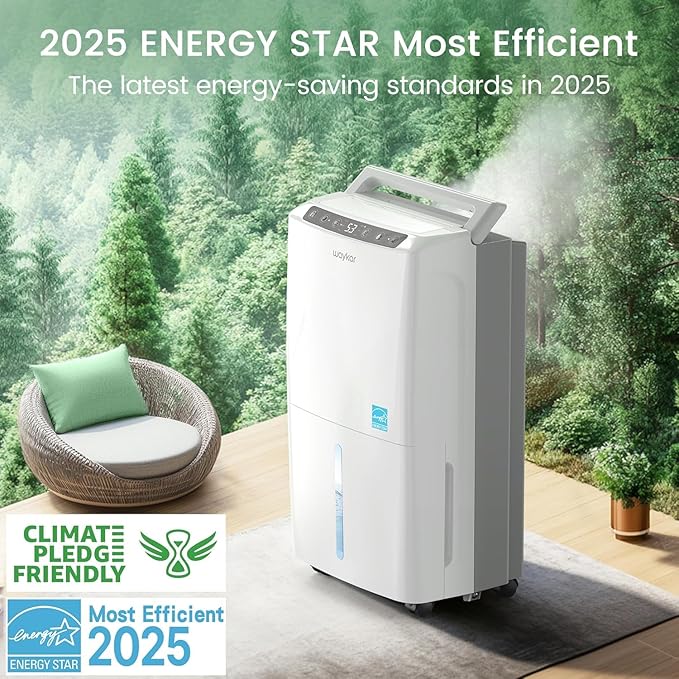 Waykar 2,000 Sq. Ft. 34 Pints 2025 Most Efficient Energy Star Dehumidifier for Basement & Home with Auto or Manual Drainage, Ultra Quiet 33dB, 0.62-Gallon Water Tank
