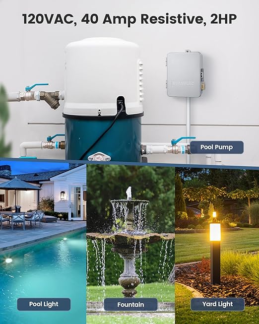 SURAIELEC Digital Pool Timer, 40 AMP 120V 2HP, 7-Day Pool Pump Timer Switch, Programmable Box for Swimming Pump, Hot Water Heater, Lights, Simultaneously Controls Up to 2HP Devices, Outdoor/Indoor Use