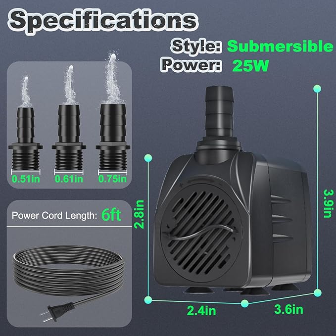 SongLong Submersible Pump 400GPH (1500L 25W) Ultra Quiet with Over Heating Protection 6.5ft High Lift for Fountains, Hydroponics, Ponds, Aquariums & More…