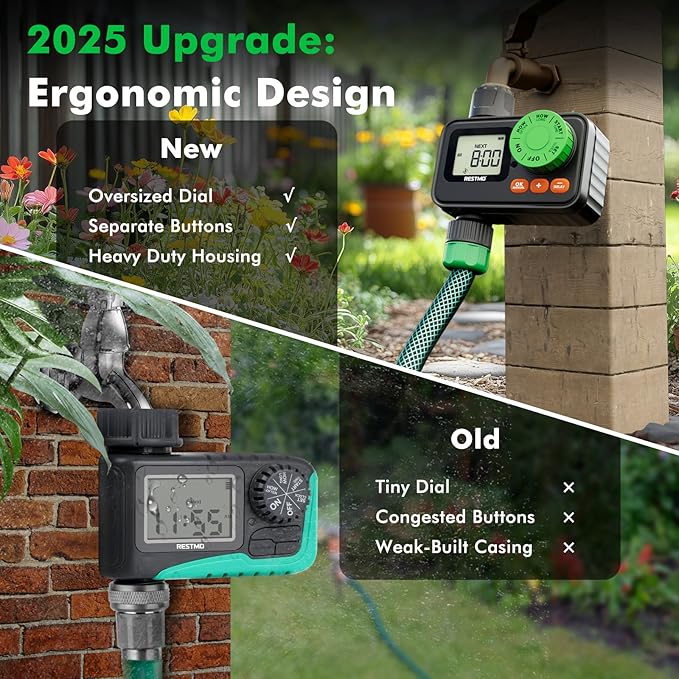[2 Pack] RESTMO Sprinkler Timer, Programmable Water Timer for Garden Hose, Automatic Digital Control | Manual ON/Off | Rain Delay for Outdoor Faucet, Drip Irrigation and Lawn Watering System