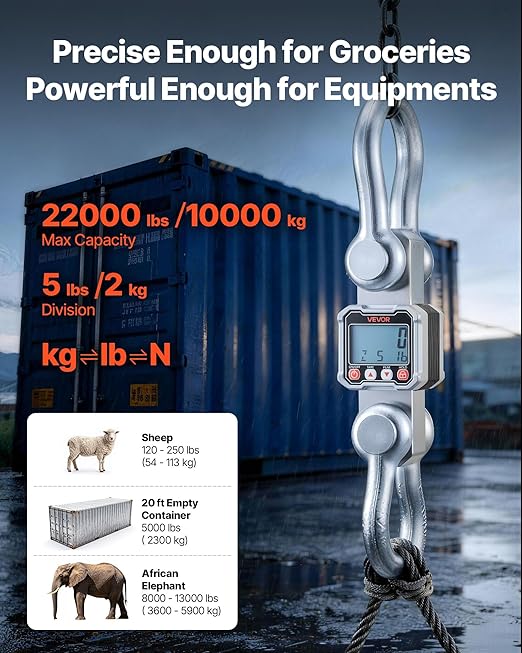 VEVOR Digital Crane Scale, 22000 lbs/10 T Max Capacity, Heavy Duty Industrial Hanging Scale with Cast Aluminum Case & LCD Display, 5 lbs Division & 3 Unit Switch, Remote Control for Garage Factory