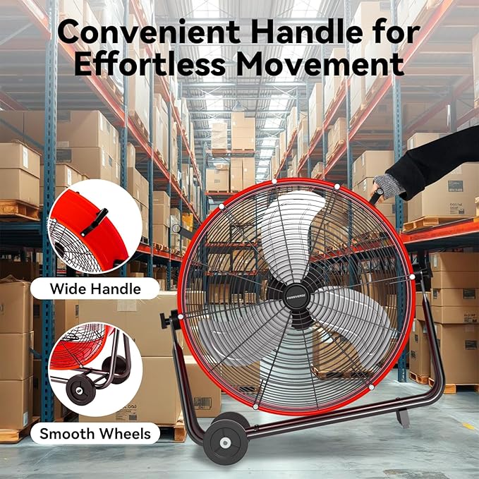 24 Inch Industrial Drum Fan 8800 CFM High Velocity Floor Fan for Garage, Warehouse & Workshop - 3-Speed Heavy Duty Metal Fan with 360° Tilt, Wheels & UL Safety Listed