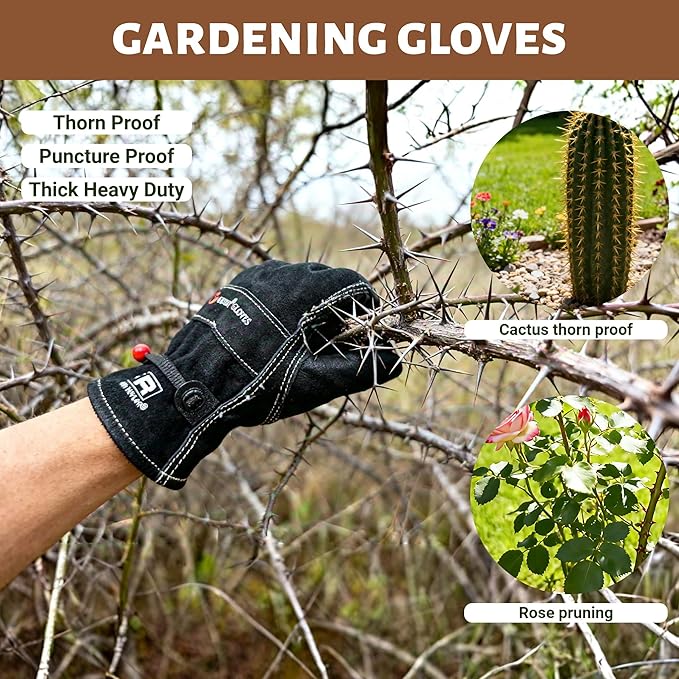 Leather Gardening Gloves for Men, Work Gloves for Welding, Mechanics, Construction, Thorn Proof (Black, Medium)