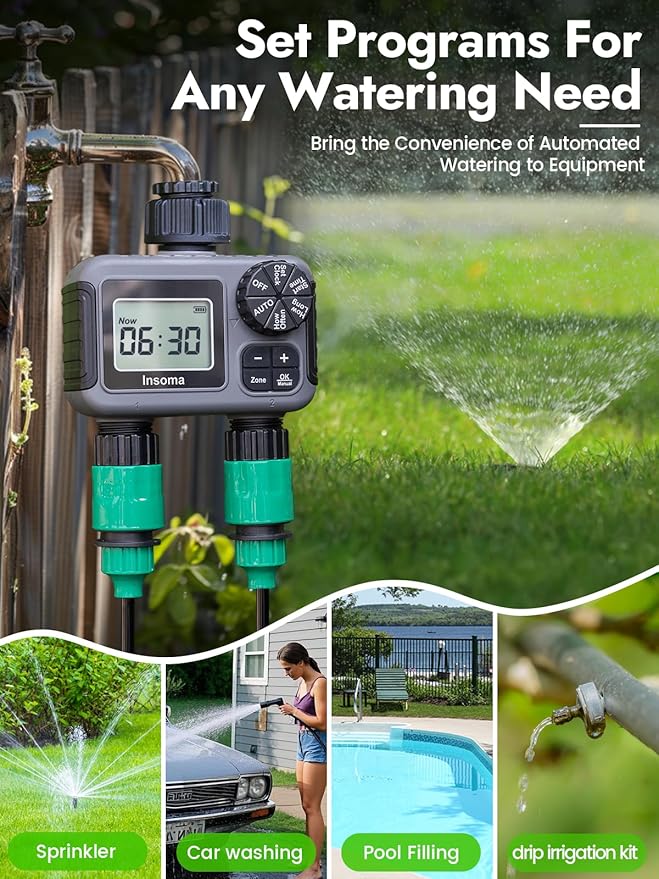 Insoma 2 Zone Water Timer, Programmable Irrigation Sprinkler Timer for Garden Hose, Outdoor Hose Faucet Timers with Rain Delay/Manual/Auto Modes, IPX5 Waterproof for Drip System & Lawn