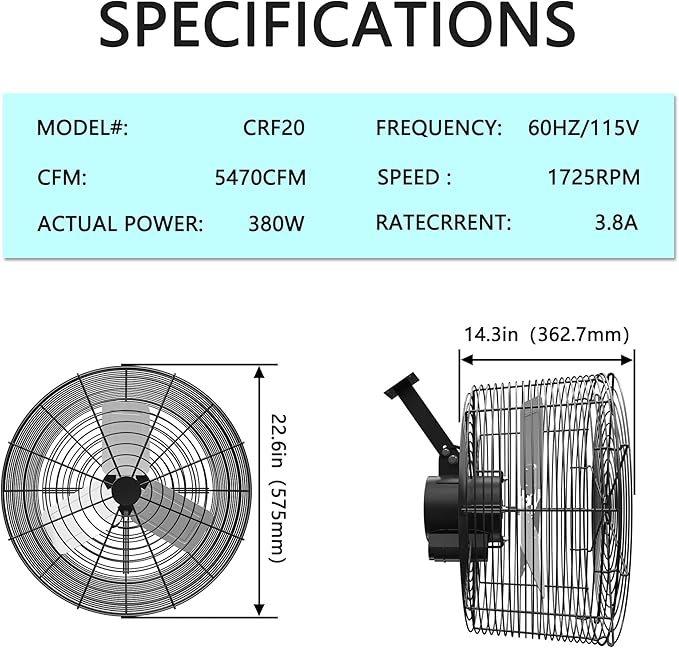 Greenhouse Circulation Fan Air Circulation Fan 1/3 HP 115V Ceiling Wall Mount Fan High Speed Circulation Fan for Greenhouse, Warehouse, Patio, Garage 5470CFM, ETL Listed