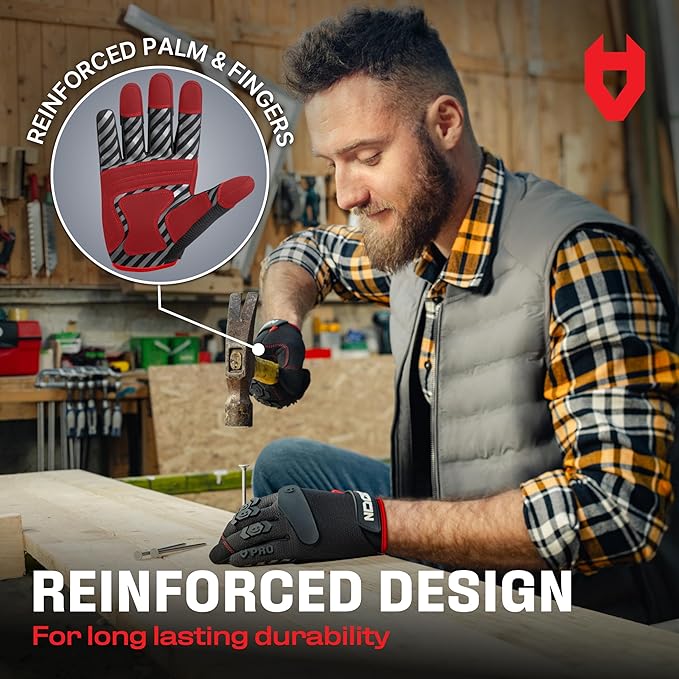 NoCry Heavy Duty Work Gloves for Men - Soft PVC Knuckle Protection - Reinforced Fingers & Thumb Crotches - Padded Palms - Double Stitched with Grip and Touchscreen Tips