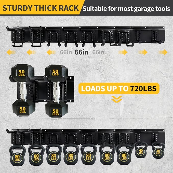 66'' Heavy-Duty Garage Tool Organizer Wall Mount – 720lbs Capacity Metal Rack with Adjustable Hooks for Rake, Broom, Shovel, Snowboard & Garden Tools