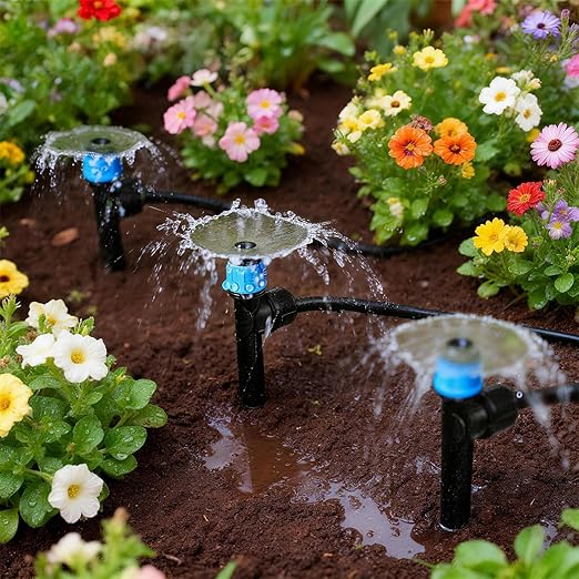 30 Pack Quick Connect Drip Emitters Fan Shape with Stake for 1/4" Irrigation Tubing, Adjustable 360 Degree Water Flow Irrigation Vortex Sprayer Garden Irrigation Dripper for Watering System