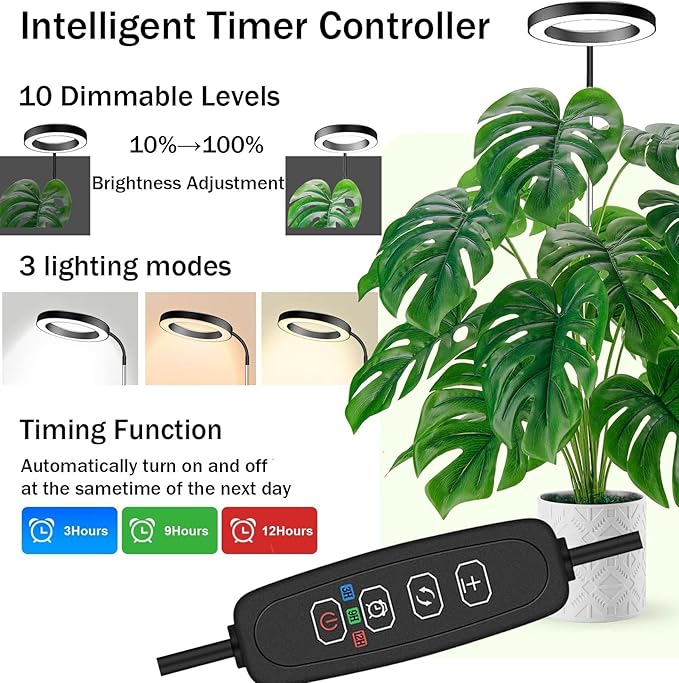 Grow Light for Indoor Plants, 6.3" Full Spectrum LED Plant Grow Light, 11.8-63in Height Adjustable Growing Lamp with Auto Timer 3H/9H/12H, 10 Dimmable Levels (Black 2 Pack)
