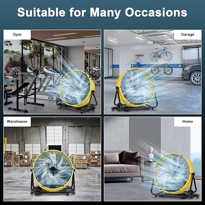 24 Inch Industrial Drum Fan, 8800 CFM High Velocity floor Fan, Heavy Duty, 3-Speed, 360° Fully Adjustable Tilt, Portable Wheels & Handle for Commercial, Warehouse, Garage, Workshop, Gym-ETL Certified