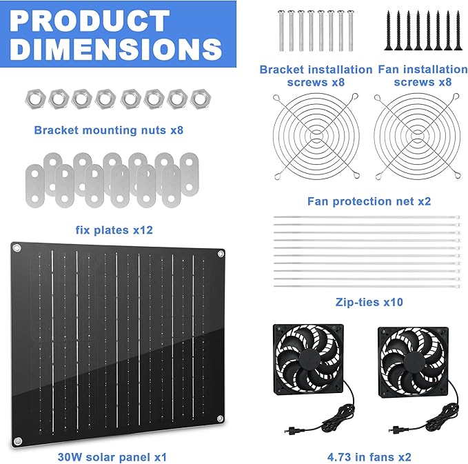 Solar Powered Fan, 30W Large Solar Fan Exhaust Dual Exhaust Fan, Equipped with Two IPX7 Waterproof Fans, Suitable for air Ventilation & Circulation in Chicken Coops, Greenhouses, Sheds, Pet Houses