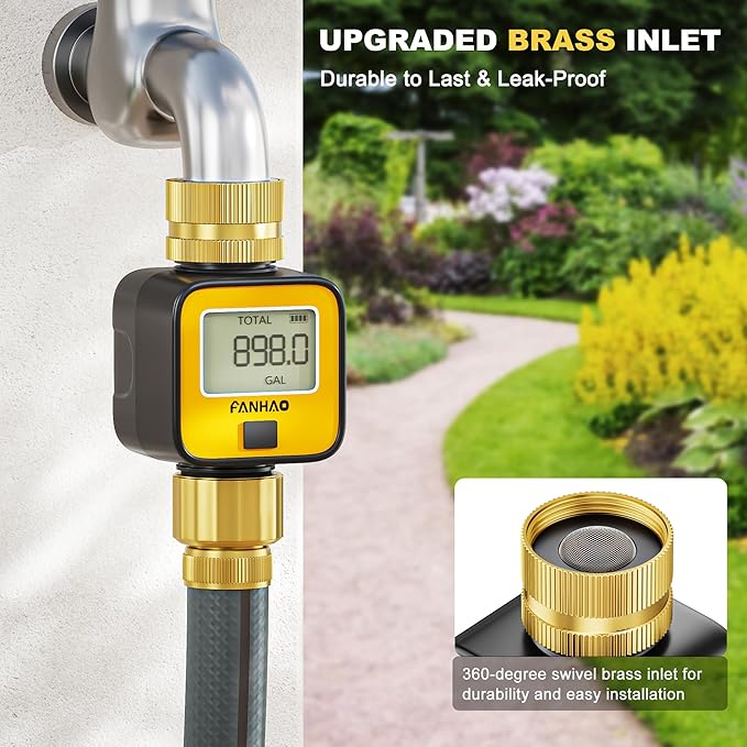 FANHAO 2 Pack Water Flow Meter with Brass Inlet Metal Thread, Measure Gallon/Liter Consumption and Flow Rate, High Accuracy & IPX6 Waterproof for Outdoor Garden Hose Watering, RV Water Tank Filling