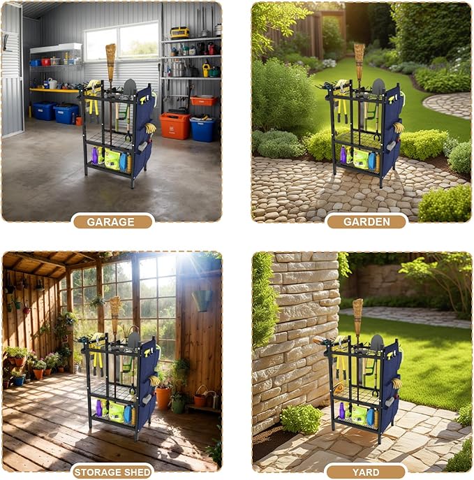 Garden Tool Organizer Rack, Heavy Duty Metal Yard Tool Stand for Garage, Shed, Outdoor, Holds Up to 50 Long-Handled Tools, Rakes, Brooms, Shovels, 3-Tier Utility Storage with Hooks, Black