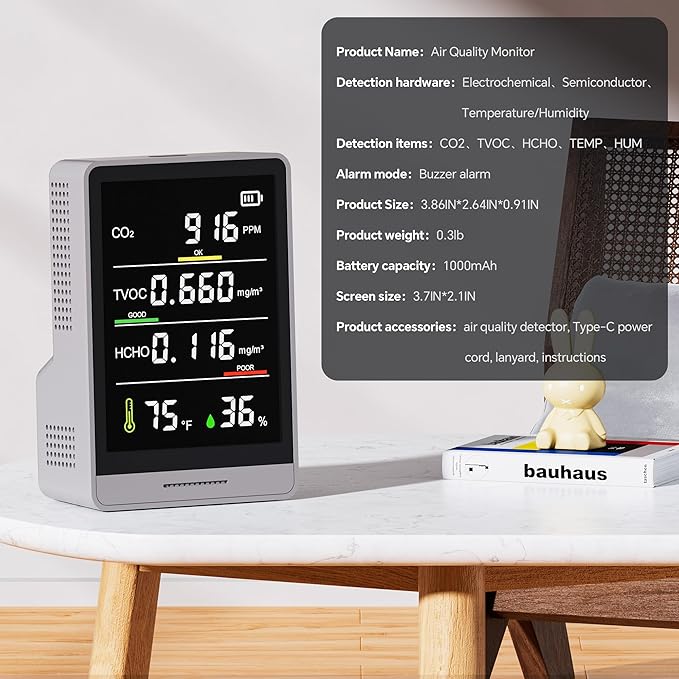 5-in-1 Professional Indoor Air Quality Monitor Indoor Portable CO2 Monitor | Temperature | Formaldehyde Detector | Humidity TVOC | Air Quality Tester - Confined Space Clean Air Monitor (Ash Gery)