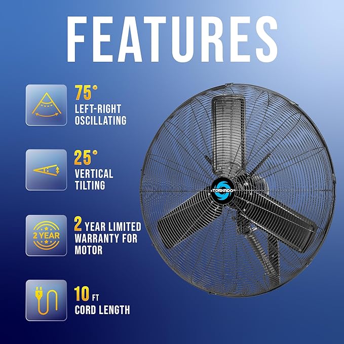Tornado 30 Inch Outdoor Rated IPX4 Water-Resistant High Velocity Oscillating Wall Mount Fan For Industrial Use TEAO Motor 2 Speed 8400 CFM cETL Listed