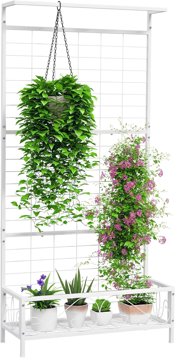 Outsunny Tall Plant Stand with Trellis and Hanging Bar, Metal Plant Holder Flower Stand for Vine Climbing Plants Flowers Indoor Outdoor Use, 36" x 12.8" x 74", White