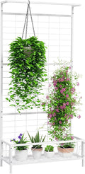 Outsunny Tall Plant Stand with Trellis and Hanging Bar, Metal Plant Holder Flower Stand for Vine Climbing Plants Flowers Indoor Outdoor Use, 36" x 12.8" x 74", White