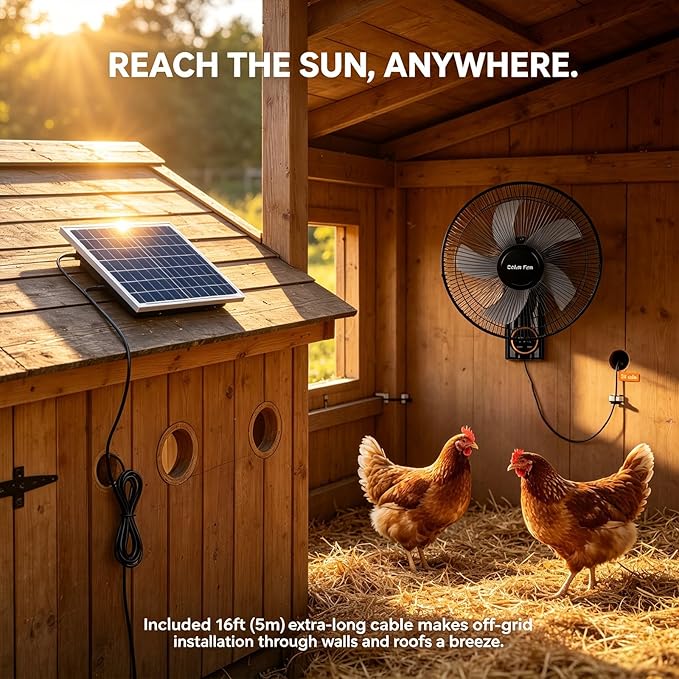 16" Solar Barn Fan for Chicken Coop and Greenhouse, Exhaust Wall Mount Fan with Remote, 16ft Extension Cable AC/Solar Dual Power, 90° Oscillating Waterproof Garage Cooling System