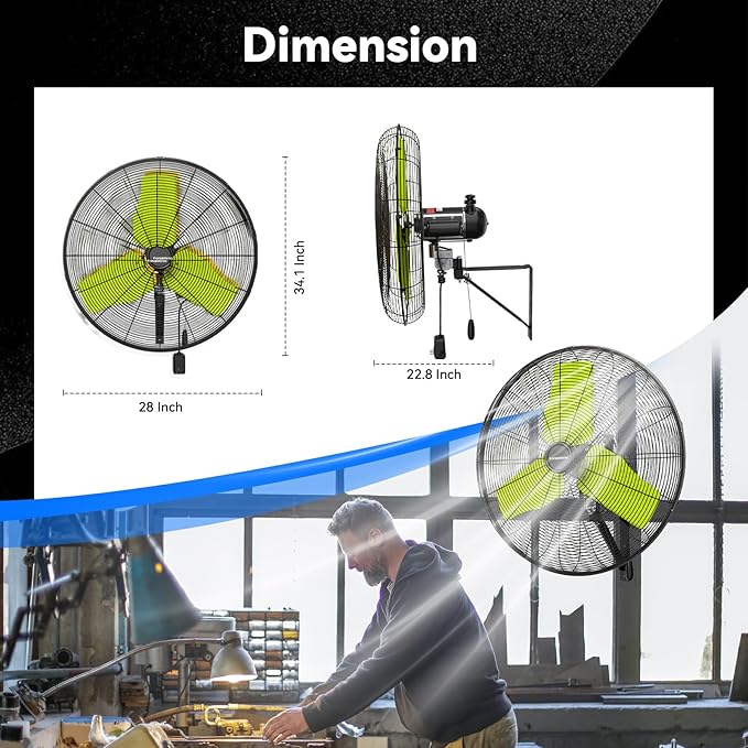 Pro 24" Industrial Wall Mount Fan, 9500 CFM High Velocity Metal Wall Fan, IP44 Waterproof Oscillating 3-Speed Outdoor Commercial Fan for Garage, Warehouse, Patio, Workshop