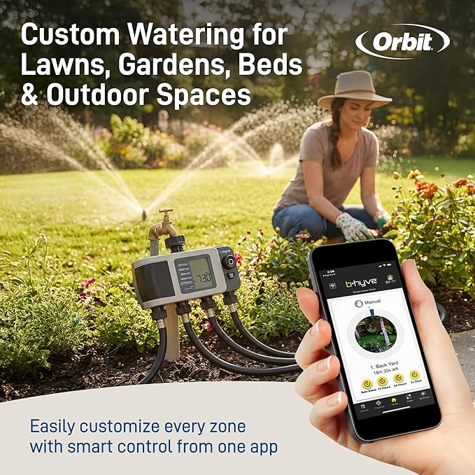 Orbit B-hyve XD 4-Port Smart Hose Watering Timer - App Controlled - Smart WeatherSense - Bluetooth Sprinkler Timer with Remote Control - Multi Outlet Yard Irrigation System - 24634