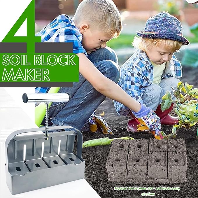 Soil Blocking Tool - Manual 4 Cell Steel Compactor, Ergonomic Non Slip Handle Block Former | 2 Inch Seed Starter Handheld Press Device, Heavy Duty Gardening Equipment for Transplanting Cutting