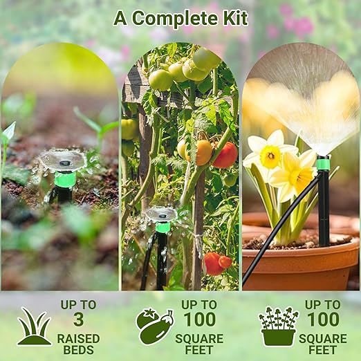 Drip Irrigation Kit for Garden, Raised Beds, Lawn - Adjustable Watering System with Drip Emitters, 5/16" & 1/4" Tubing, Barbed Fittings
