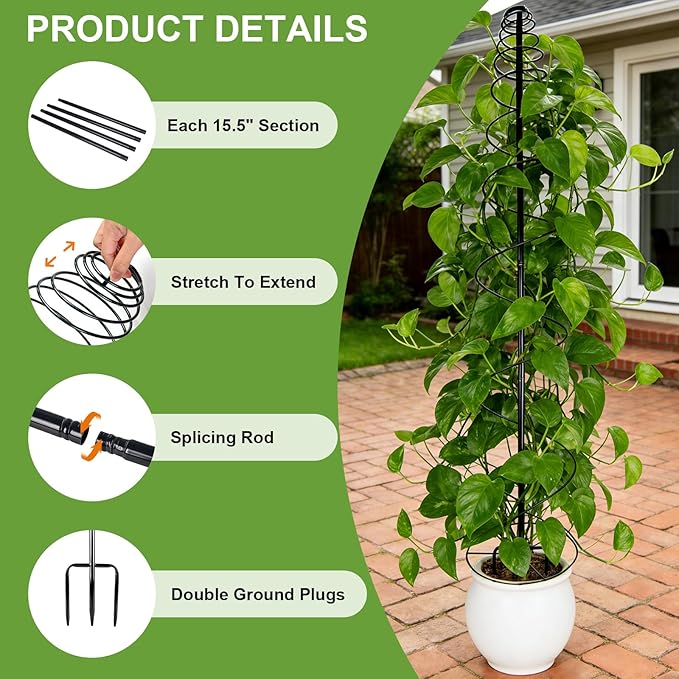 2 Pack Spiral Metal Trellis for Climbing Plants Outdoor, 75" Adjustable Plants Trellis Support Metal Garden Trellis with Center Pole and 3 Pronged, Climbing Plant Grow Cage Stand for Plants Flowers